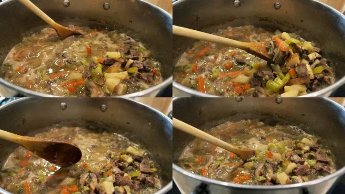 美味的鹿肉炖菜在家庭厨房准备食物搅拌新鲜的有机蔬菜和肉类视频系列