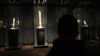 三星堆博物馆内小男孩用相机拍摄玉器视频素材