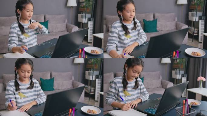在家里使用笔记本电脑在线学习的亚洲可爱女孩。