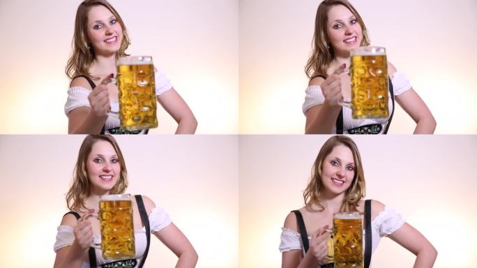 一位年轻的啤酒节女服务员身着巴伐利亚传统服装，手持啤酒的肖像