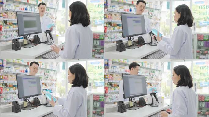 当地药房药房的亚洲药剂师和药房助理扫描小企业的条形码购买交易付款。当地药店的小型本地业务。医疗保健和