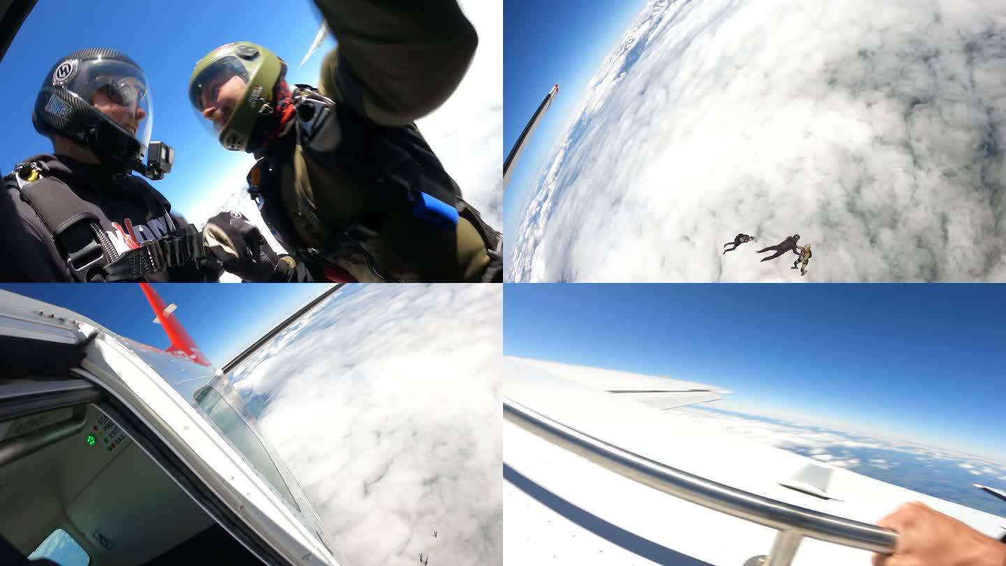 跳伞者离开飞机，翱翔于瑞士高山之上