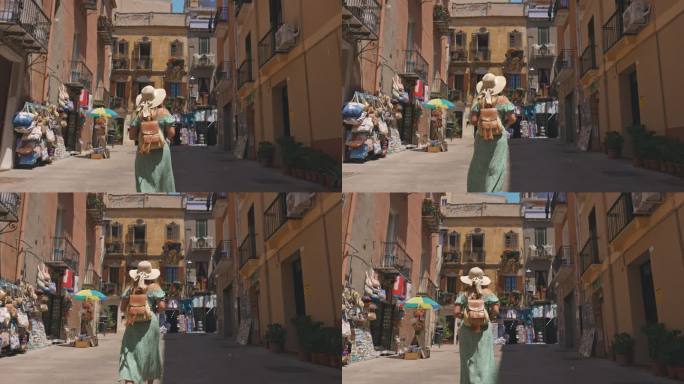意大利，一个金发女孩走在街上的慢镜头。
