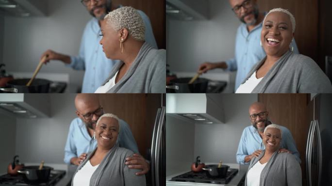 一对幸福的成熟夫妇在家做饭的照片
