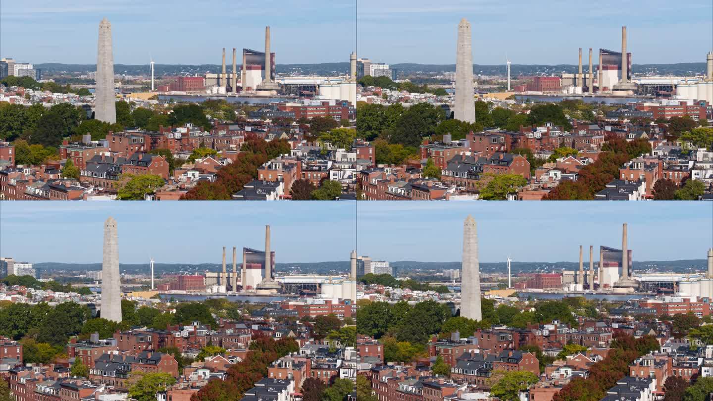 邦克山纪念碑-波士顿的历史地标。具有慢速平移相机运动的空中视频。