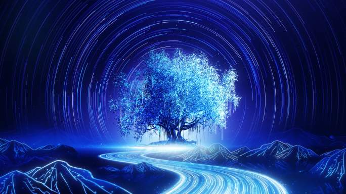 绚丽粒子河大屏 蓝色多瑙河 光影树
