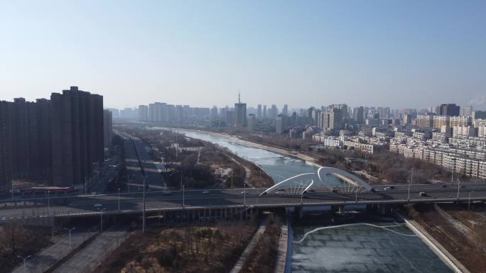 4K呼和浩特市冰河空境河桥梁