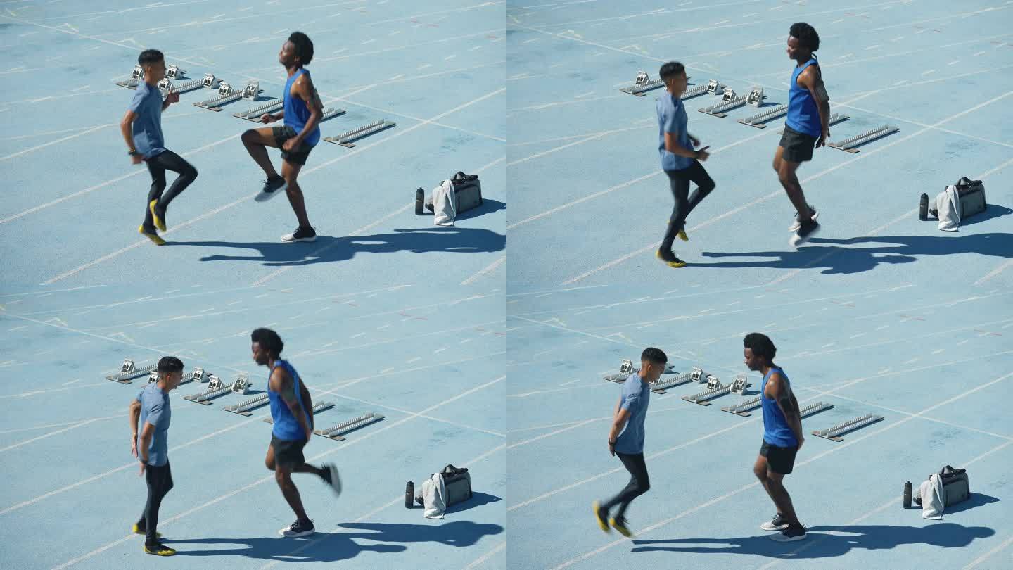 年轻男子田径运动员在阳光充足的跑道上热身