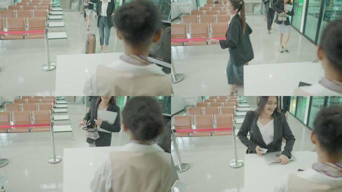 一位亚洲女商人收到了机场航站楼女职员发来的机票。携带行李的多民族乘客在国际机场候机楼等待登机。飞机运