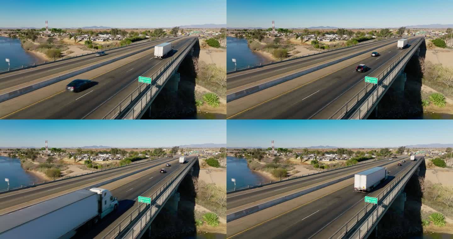 卡车穿越加利福尼亚州边境的静态无人机镜头