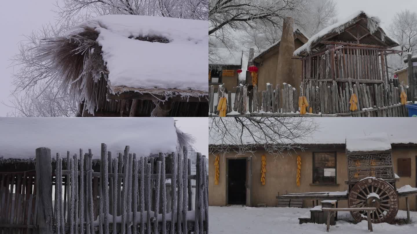 东北吉林冬季传统满族建筑外景雾凇院落