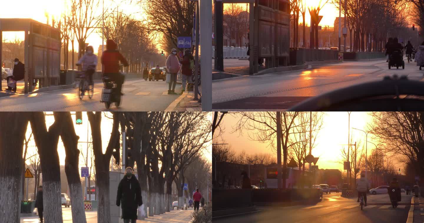 人文生活清晨夕阳城区街道街景城市人文冬天