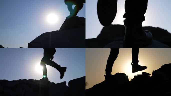 登山意境商务企业家登山脚步特写皮鞋登山脚