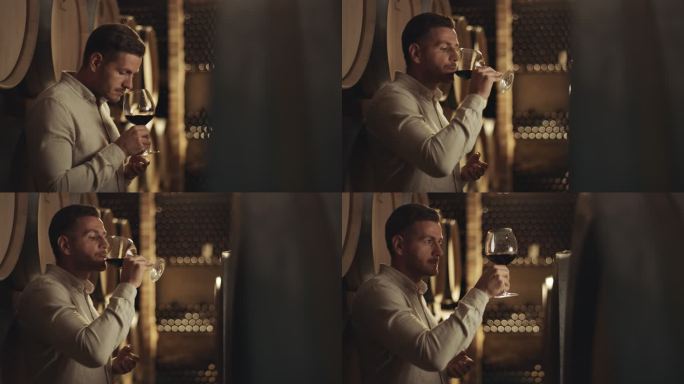 男人喝酒外国人品酒红酒玻璃杯