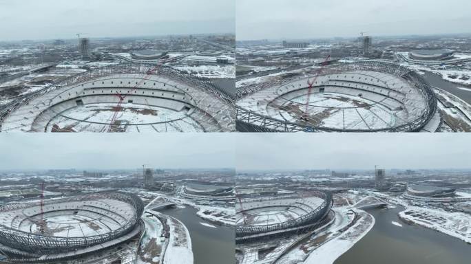 临沂奥体中心雪景环绕航拍柳青河冬季