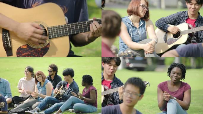 大学生操场户外活动弹吉他唱歌校园生活