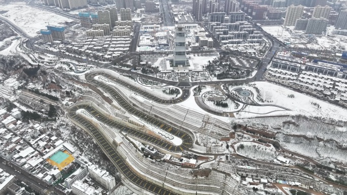 西安航天揽月阁盘山路雪景航拍