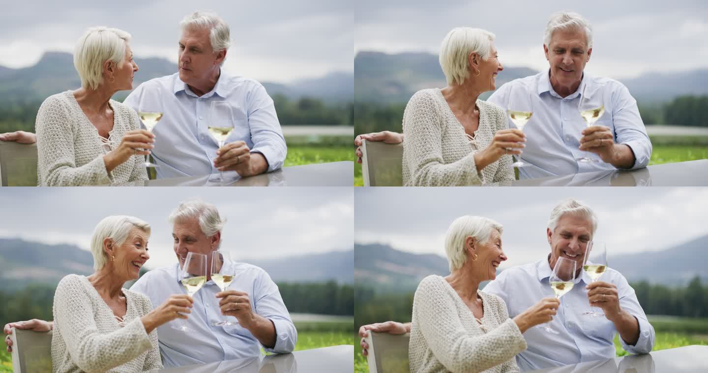 退休夫妇在葡萄园品尝葡萄酒，在大自然中庆祝他们的周年纪念日。年长的丈夫和妻子在农场边喝酒边聊天边敬酒