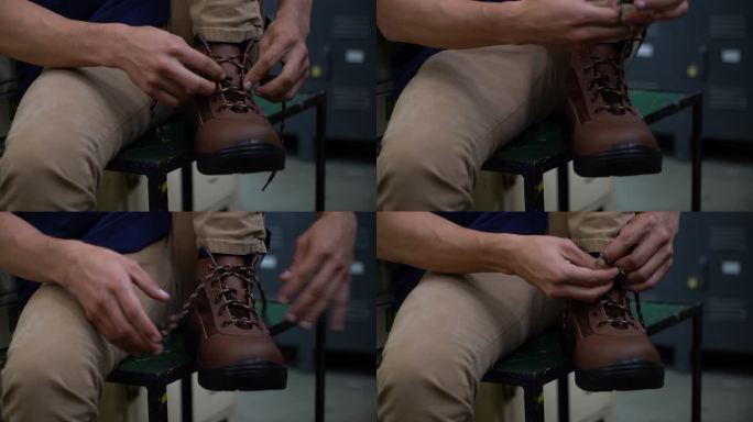 无法辨认的男子穿上工作靴并试穿的特写镜头