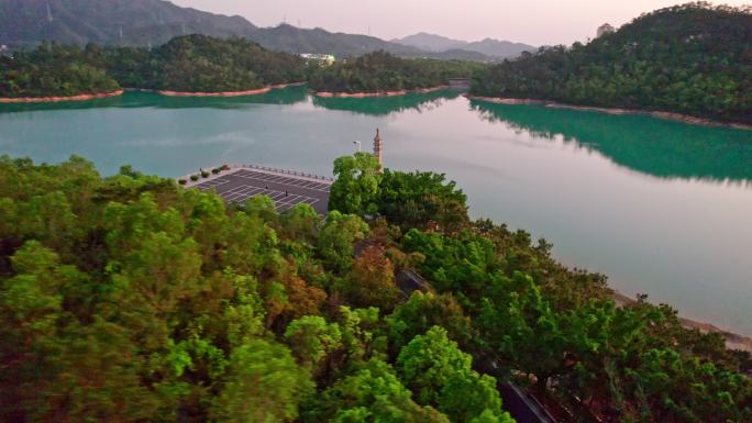 珠海金台寺佛教寺庙夕阳水库航拍