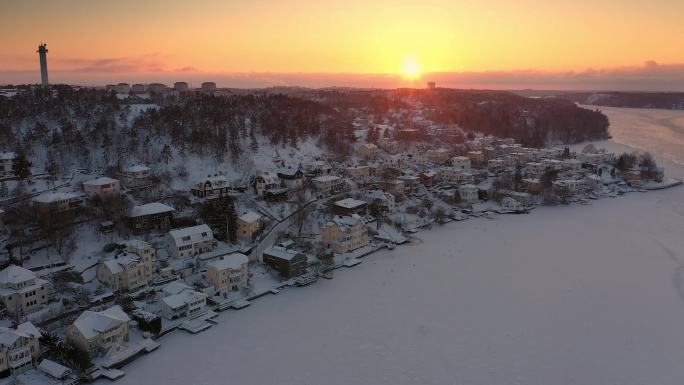 斯德哥尔摩冬季日落鸟瞰图