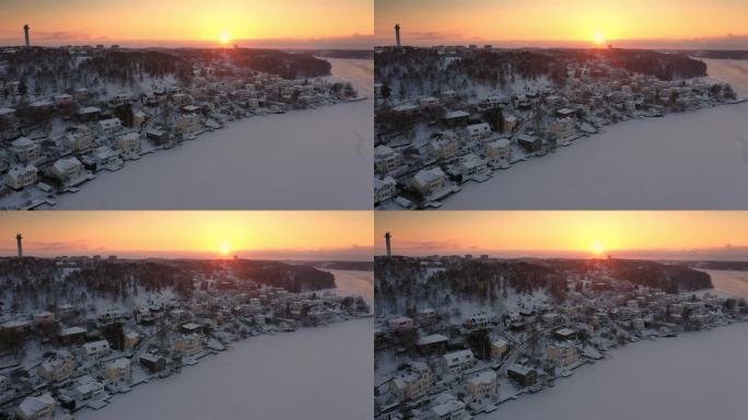 斯德哥尔摩冬季日落鸟瞰图