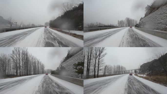 开车视角 行驶在下雪的公路上