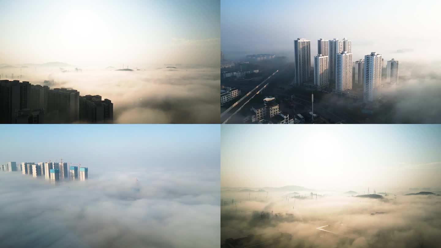 清晨 大雾笼罩下的小镇 云海 穿越云海