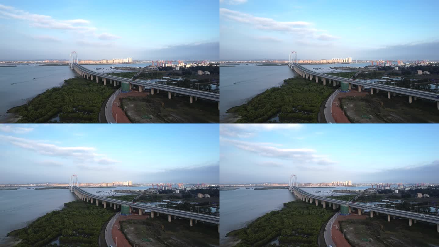 蓝天白云下水东湾大桥固定机位航拍