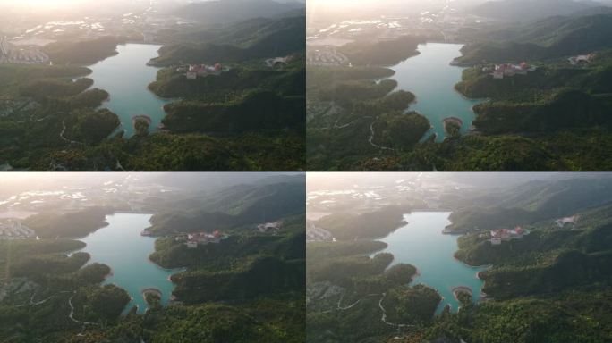 珠海金台寺佛教寺庙夕阳水库航拍