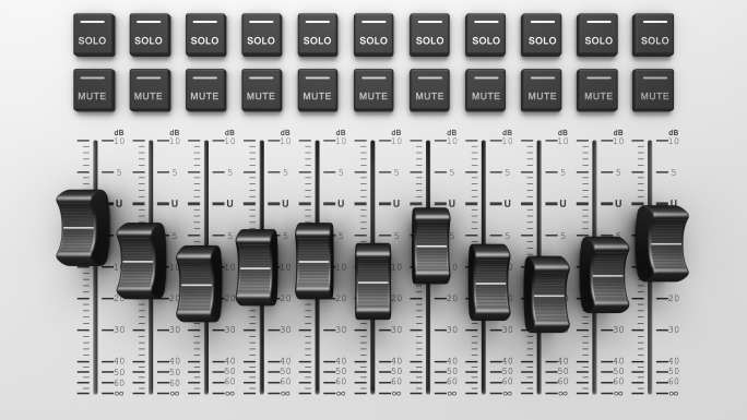 无缝环。录音室调音台、带音量控制器和调节旋钮的面板。数字均衡器。音量控制混音器。