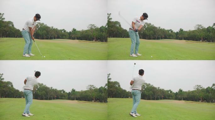 一位亚洲职业男子高尔夫球手在高尔夫球场上进行开球的镜头。