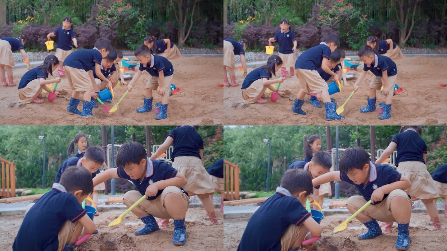 小孩子玩泥土小学生课外活动小朋友户外玩耍