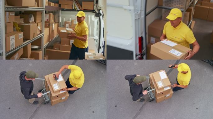 CS送货员从货车上取下包裹，客户签收