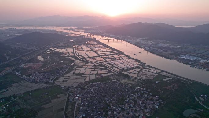 航拍珠海虎跳门水道晚霞西江出海口