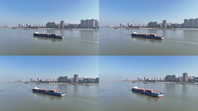 内河集装箱货轮跟随航拍视频