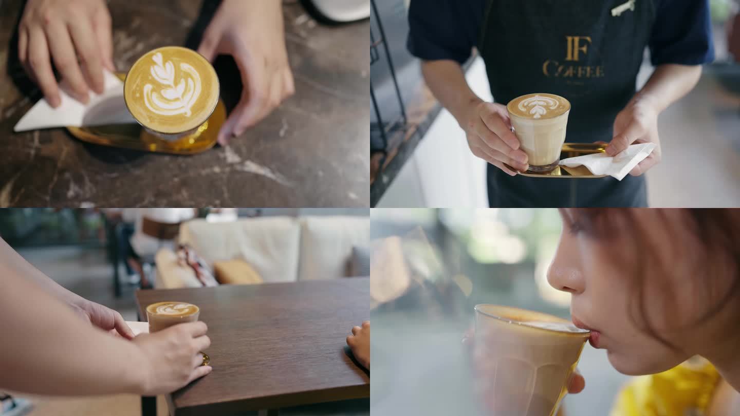 【4K素材】咖啡店倒咖啡美女喝咖啡