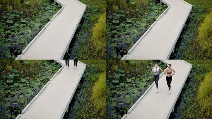 高角度视角：两位穿着运动服的亚洲美女朋友一起在人行天桥上积极慢跑，周围是公园花园里的自然和沼泽，生活