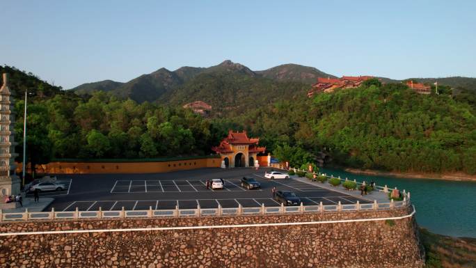 珠海金台寺佛教寺庙夕阳水库航拍