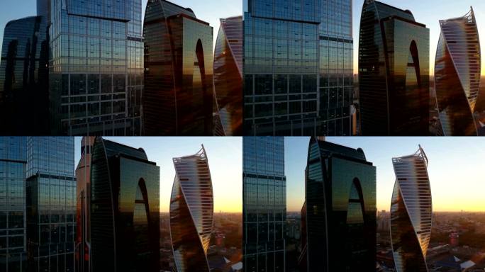 日出时的现代摩天大楼。莫斯科市。