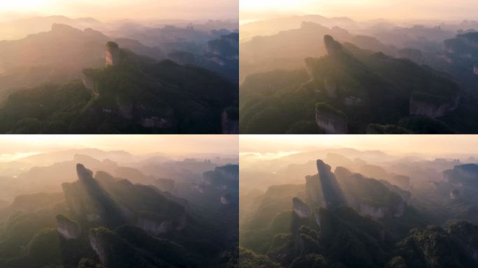 丹霞山鸟瞰图群山缭绕山顶日出壮观