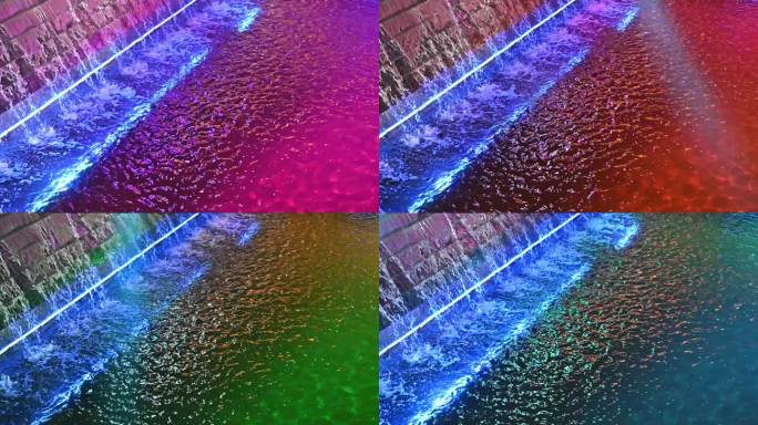 霓虹灯照射在水面的色彩变幻效果