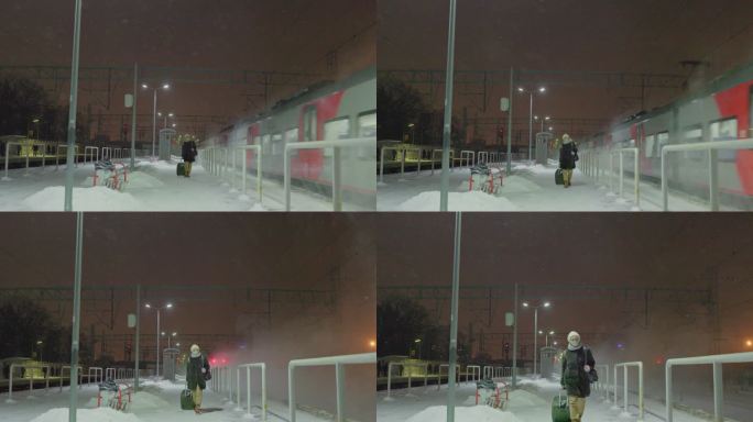 一位带着行李的成熟女子是一名游客，她在寒冷的雪夜走在铁路站台上，此时她刚刚离开的火车已经开走。