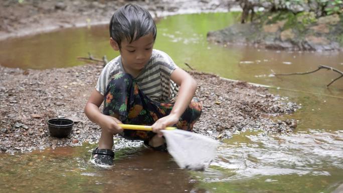 亚洲小男孩在丛林中的小溪边用网捕鱼