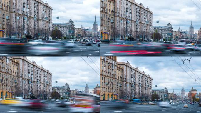 莫斯科-俄罗斯交通车在莫斯科街头的时间流逝
