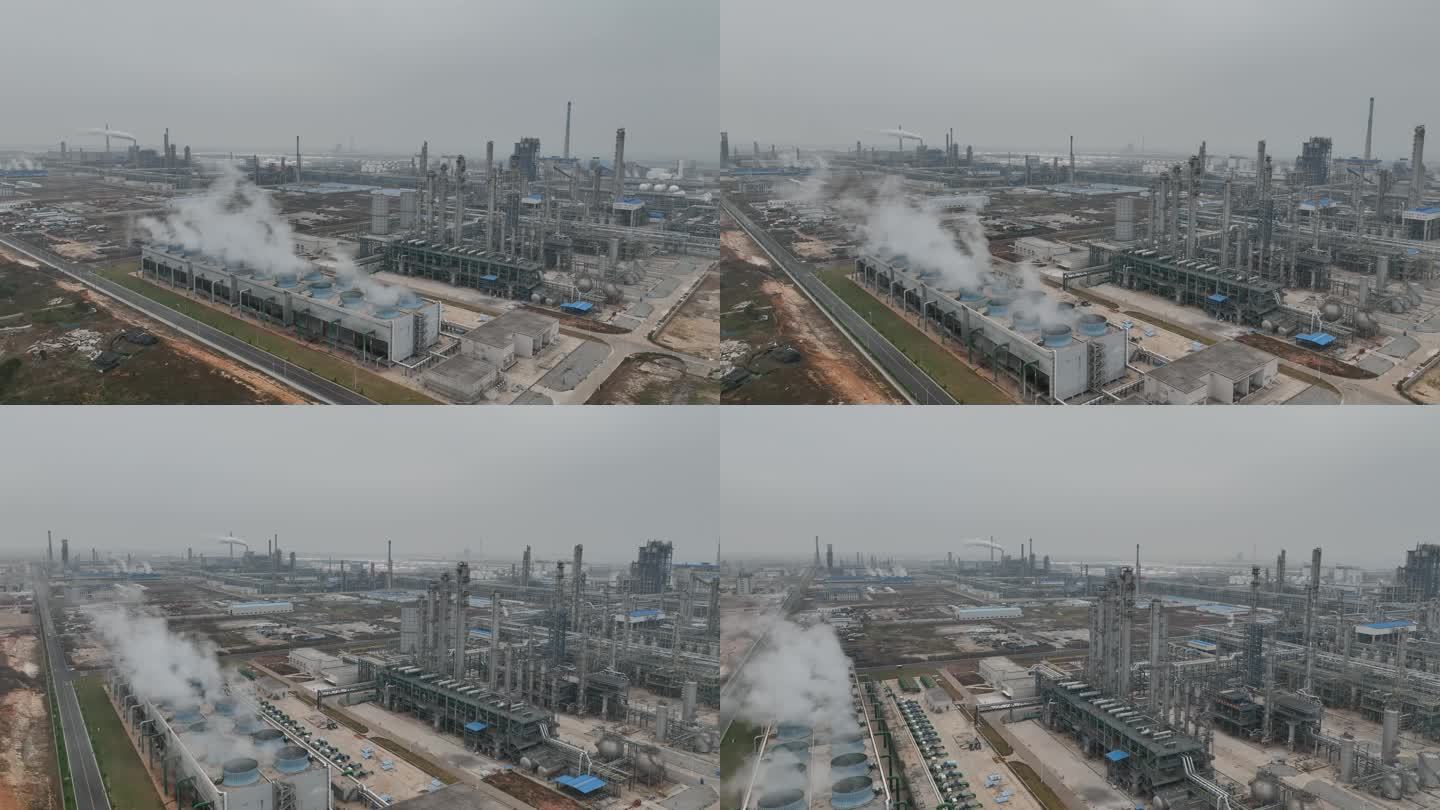 航拍炼油厂烟囱废气排放