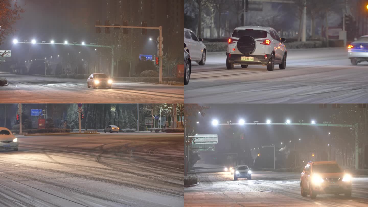 下雪北方城市夜晚行车