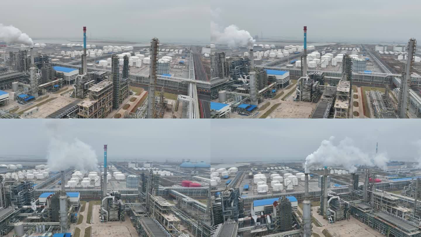 中科炼化航拍炼油厂烟囱废气排放