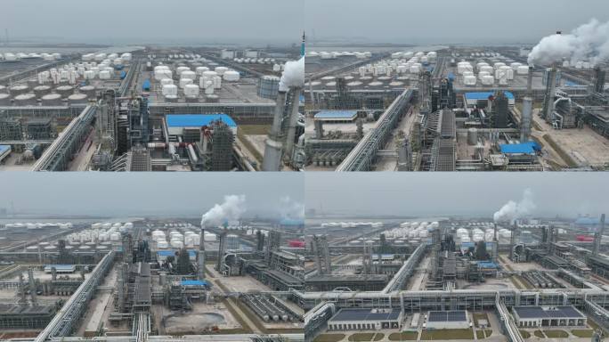 航拍炼油厂烟囱污染废气排放