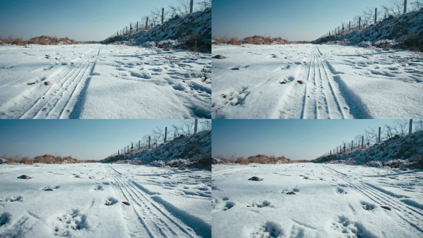 冬日阳光积雪小路与车辙